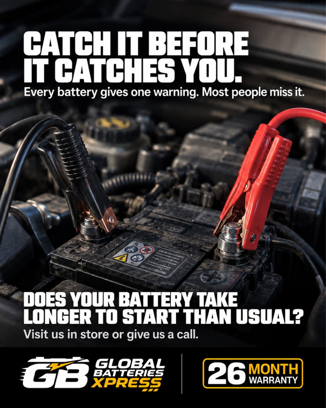 Jump leads on a car battery under a bonnet