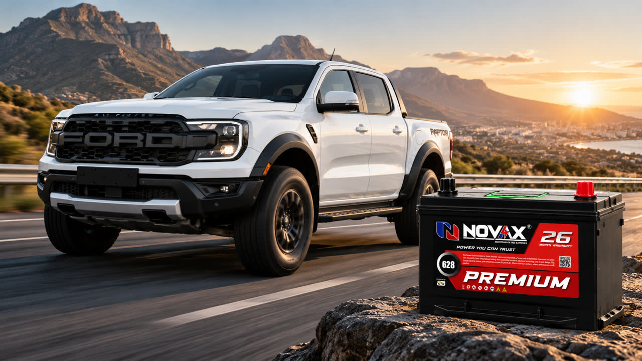 A bakkie at sunset with a Novax Premium battery